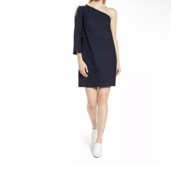 LEWIT Sz 10 Navy 100% Cotton One Shoulder Tunic Mini Dress Evening Cocktail - Picture 2 of 12